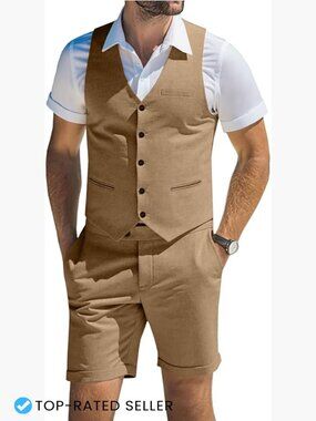 Men's Linen Shorts Suit Set Casual Summer Wedding Groomsmen Beach Outfit
